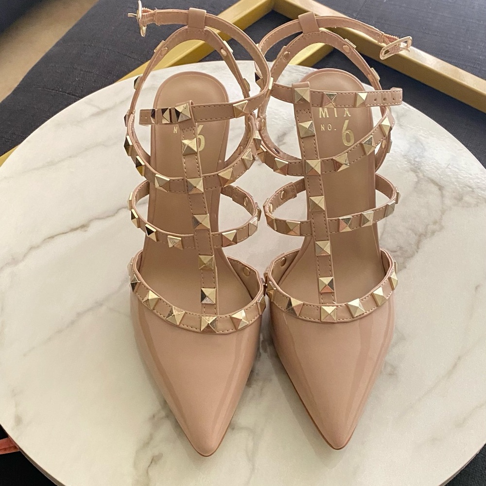 Nude gold studded heels. Worn once! Comfortable because of the straps